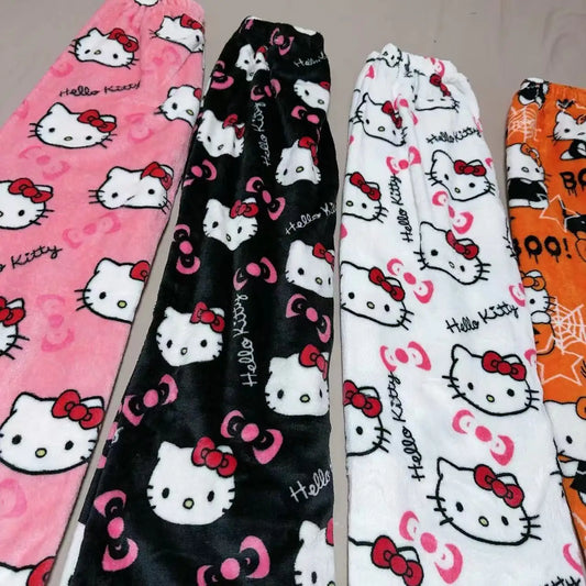 2024 Sanrio HelloKitty Pajamas Black Anime Flannel Women Warm Woolen Whitecartoon Casual Home Pants Autumn Fashion Trousers Gift