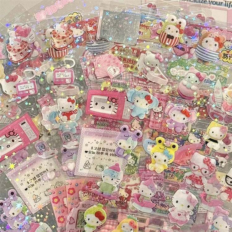 5-Pack Hello Kitty and Rilakkuma Cartoon Die-Cut Stickers - Cute Kitty Cat and Anime Design Flashing Laser Stickers for Handbooks, Notebooks, and Scrapbooking - Fun and Colorful Material Stickers