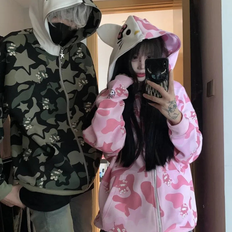 Sanrio Hello Kitty Print Camouflage Hooded Zipper Cardigan Women Trend Japanese Style Casual Coat Vintage Loose Versatile Hoodie