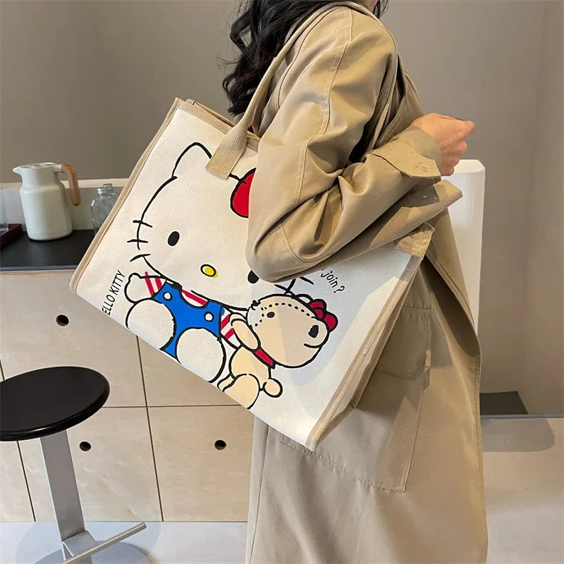 Hello Kitty Sanrio Y2k Tote Canvas Bag, Cute Canvas Shoulder Bag Cartoon Anime Handbag for School Work Travel Shopping Schoolbag