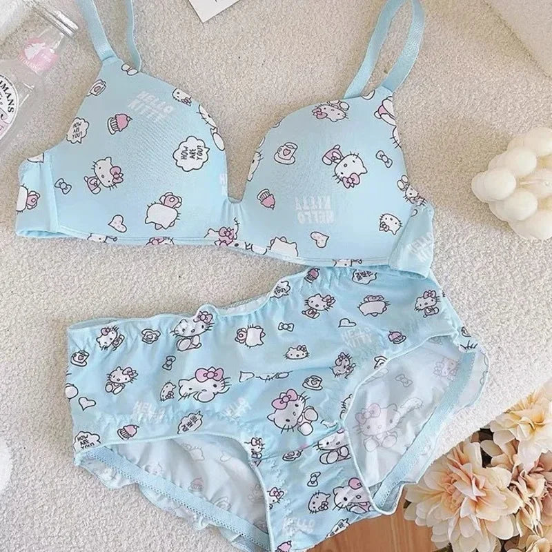 Kawaii Sanrio Hello Kitty Underwear 2 Pcs Set Women's Thin Style No Steel Ring Triangle Cup Cute Cartoon Sweet American Bra Sets