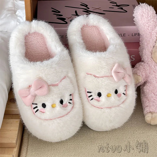 Cute Hello Kitty Hair Slippers High Beauty Winter Cotton Slippers Warm Thick Bottom Home Shoes for Women