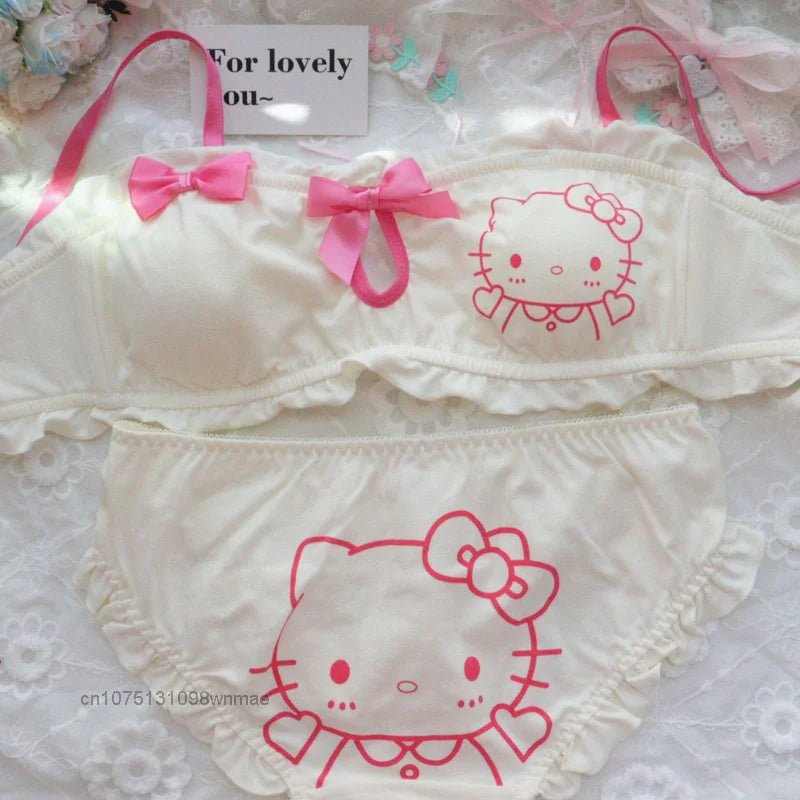 Sanrio Cotton Cute And Sweet Hello Kitty Chest Bras and Panties 2 Pcs Suit Women's Student No Steel Ring Girl Underwear Bra Set