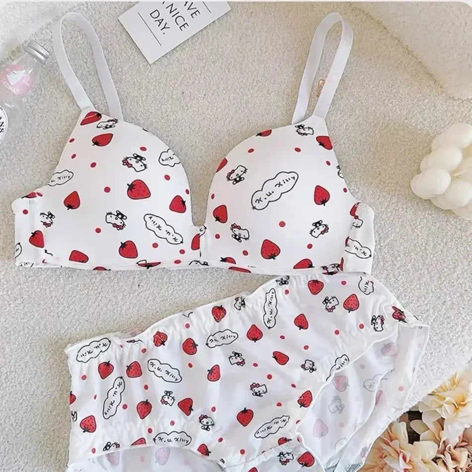 Kawaii Sanrio Hello Kitty Underwear 2 Pcs Set Women's Thin Style No Steel Ring Triangle Cup Cute Cartoon Sweet American Bra Sets