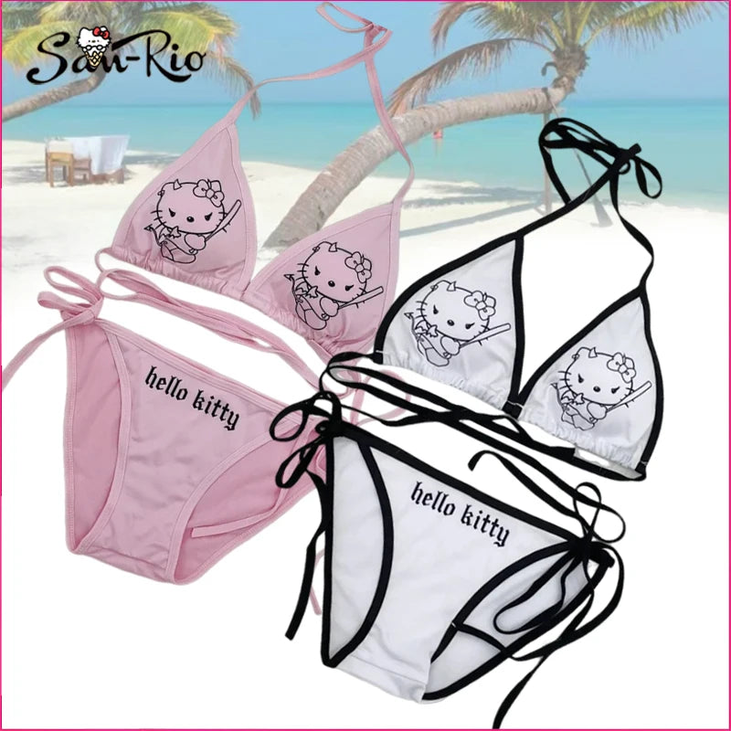 2Pcs Hello Kitty Bikini Set Kawaii Sanrio Swimsuit 2024 Women New Summer Bikinis Y2K Beach Strappy Panties Sexy Swimwear Girl