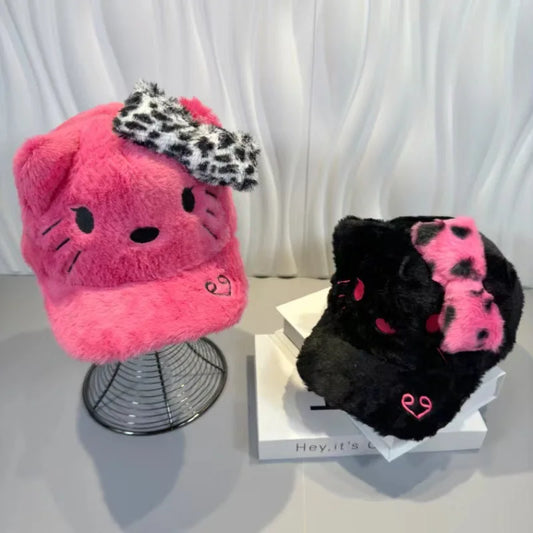 Cartoon Sanrio Hello Kitty Baseball Cap Trend Y2K Autumn and Winter Keep Warm Kitty Leopard Print Peaked Cap Holiday Gift Toys