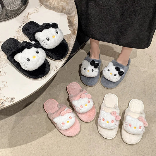 Sanrio autumn and winter Hello Kitty cute warm home women's shoes cartoon non-slip thick-soled comfortable plush cotton slippers