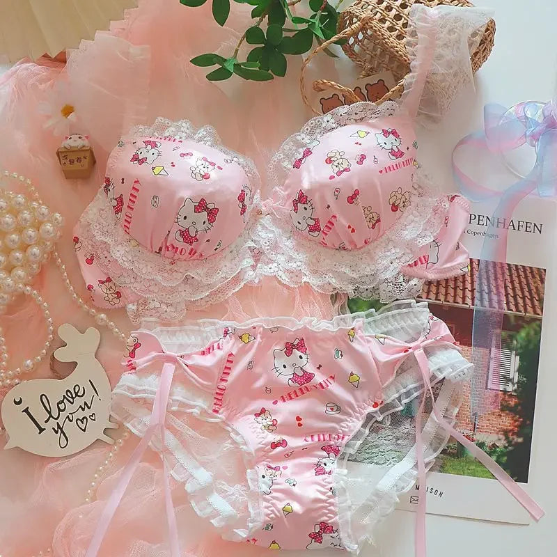 Sanrio Hello Kitty Kawaii Girls Underwear Cartoon Anime Print Lace Edge Accessories Pure Desire Push-up Bra Cute Clothes Set