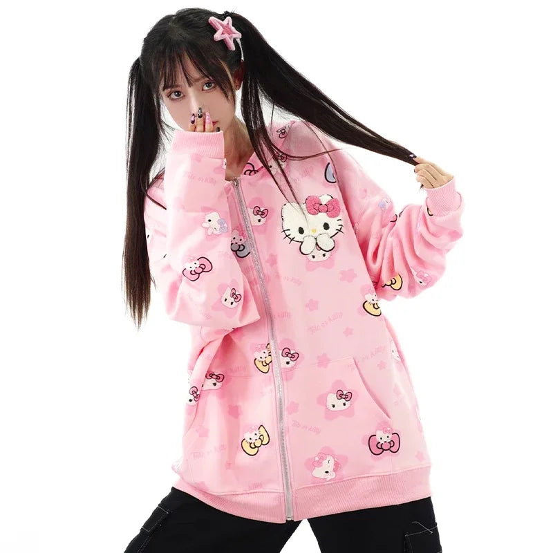 Y2K Hello Kitty Hoodie Sweatshirt Zipper Coat Sanrioed Anime Kawaii Spring Winter Embroidery Coat Girls Student Tops Loose