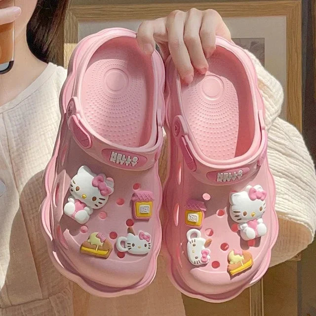 Kawaii Lolita Sanrio Hello Kitty Cave Shoes Women's Summer Sandals With Thick Heels Kuromi Cinnamoroll Casual Slippers Female