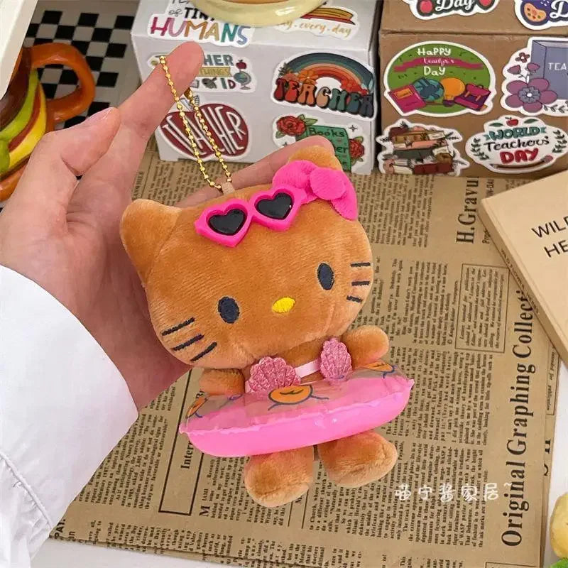 Cartoon Hawaiian Hello Kitty Plush Toys Brown White Swim Ring Figure Pendants Bag Hanging Lovely Cat Dolls Children Gifts