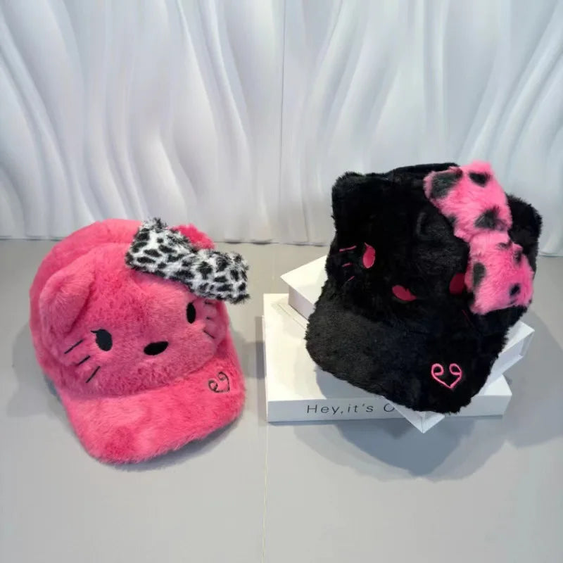 Cartoon Sanrio Hello Kitty Baseball Cap Trend Y2K Autumn and Winter Keep Warm Kitty Leopard Print Peaked Cap Holiday Gift Toys