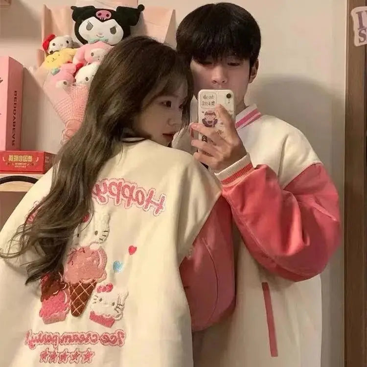 Sanrio Hello Kitty Pink Cute Jacket Women Autumn Winter Embroidered Thick Jacket Korean Edition Loose Couple's Baseball Uniform