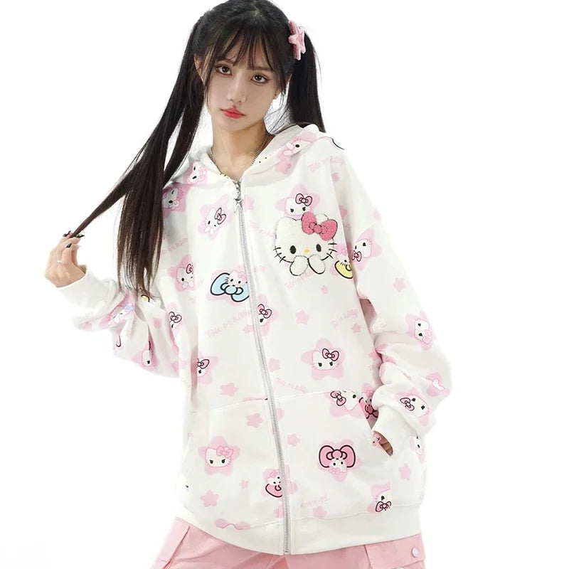 Y2K Hello Kitty Hoodie Sweatshirt Zipper Coat Sanrioed Anime Kawaii Spring Winter Embroidery Coat Girls Student Tops Loose