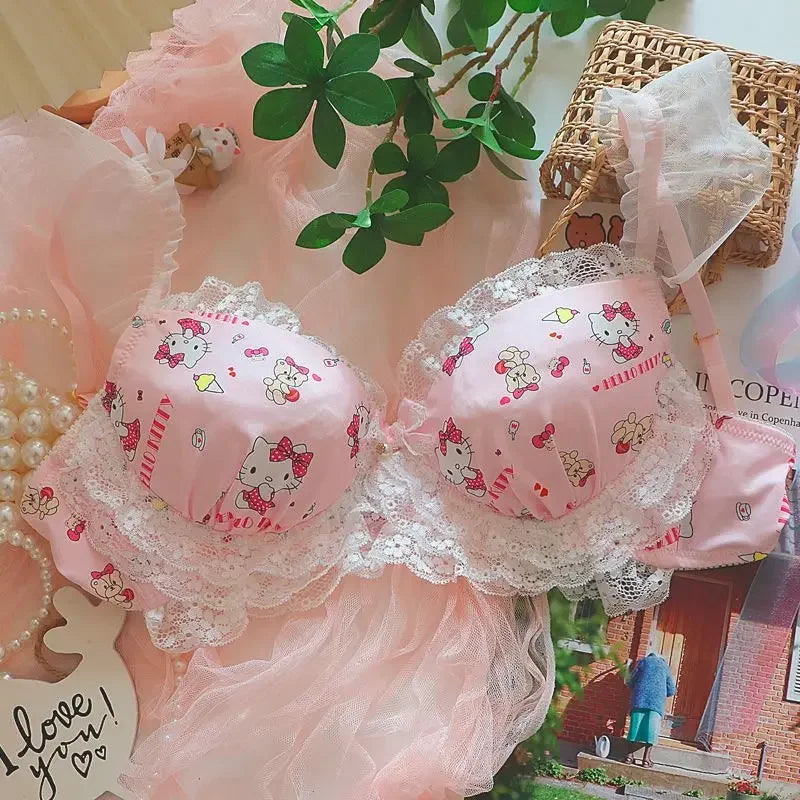 Sanrio Hello Kitty Kawaii Girls Underwear Cartoon Anime Print Lace Edge Accessories Pure Desire Push-up Bra Cute Clothes Set