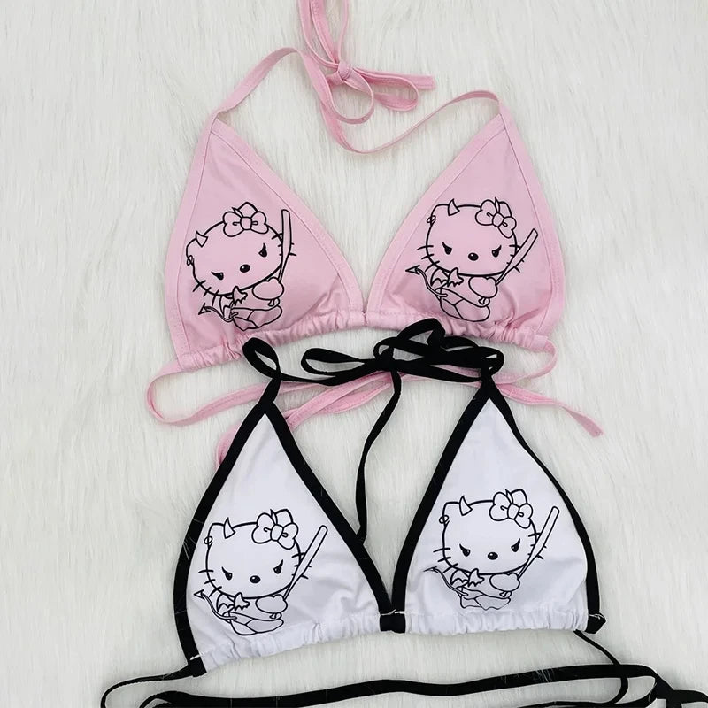 2Pcs Hello Kitty Bikini Set Kawaii Sanrio Swimsuit 2024 Women New Summer Bikinis Y2K Beach Strappy Panties Sexy Swimwear Girl