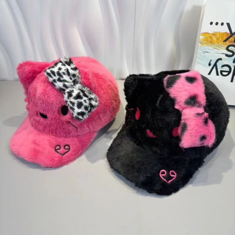 Cartoon Sanrio Hello Kitty Baseball Cap Trend Y2K Autumn and Winter Keep Warm Kitty Leopard Print Peaked Cap Holiday Gift Toys