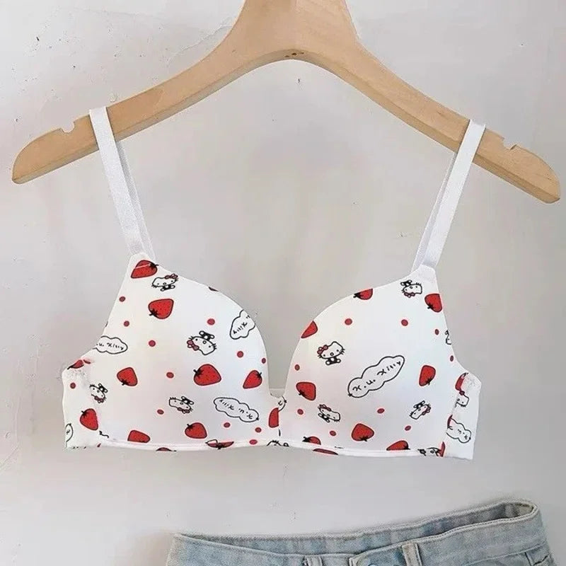 Kawaii Sanrio Hello Kitty Underwear 2 Pcs Set Women's Thin Style No Steel Ring Triangle Cup Cute Cartoon Sweet American Bra Sets