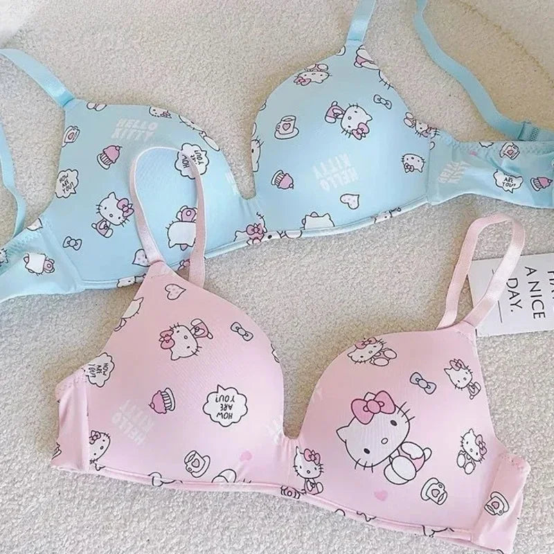 Kawaii Sanrio Hello Kitty Underwear 2 Pcs Set Women's Thin Style No Steel Ring Triangle Cup Cute Cartoon Sweet American Bra Sets