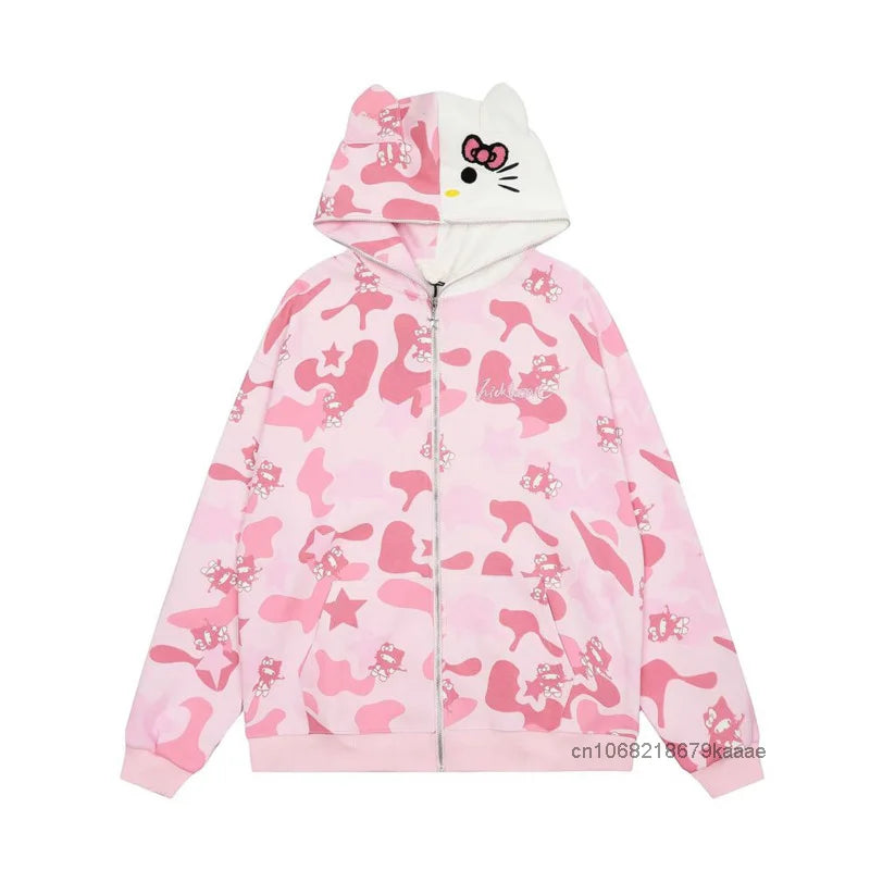 Sanrio Hello Kitty Print Camouflage Hooded Zipper Cardigan Women Trend Japanese Style Casual Coat Vintage Loose Versatile Hoodie