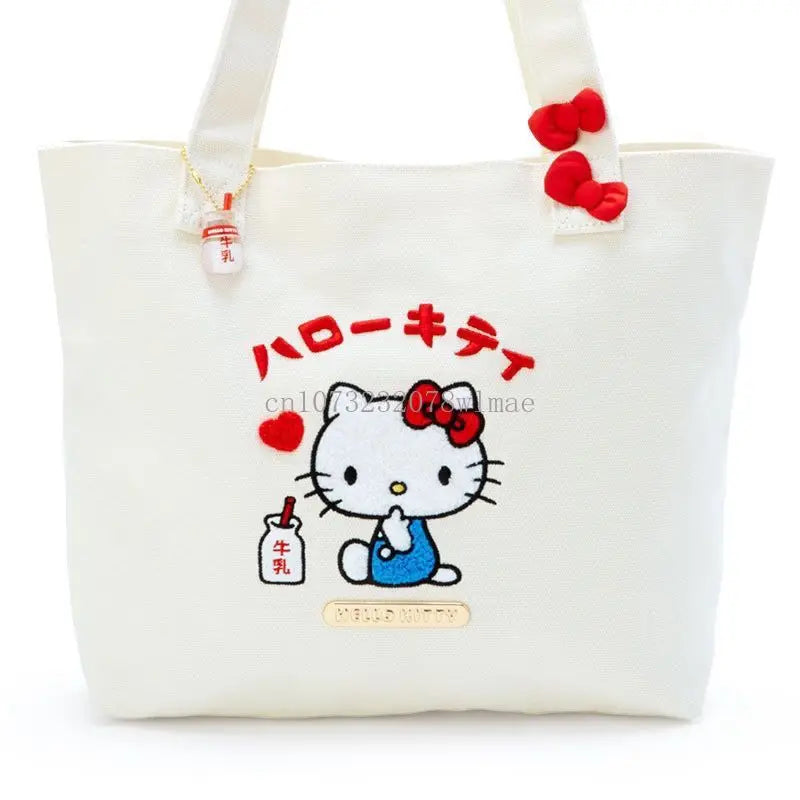 Cartoon Women Hello Kitty Embroidered Canvas Bag Large Capacity Tote Bag Shopping Bag Portable Shoulder Handbag Gift for Girls