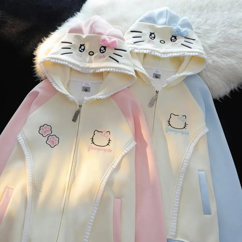 Y2K Hello Kitty Hoodie Coat Sweatshirt Anime Zipper Cardigan Sanrioed Kawaii Spring Winter Coat Girls Student Loose Leisure Tops