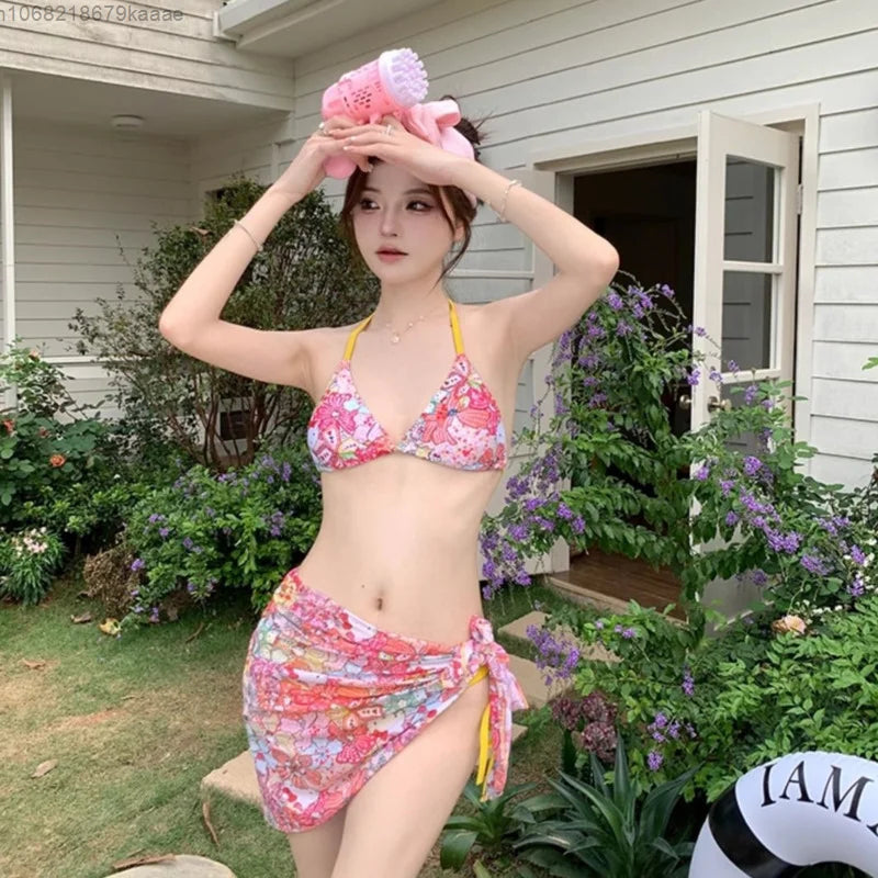 Sanrio Hello Kitty New Cute Sexy Bikini 3 Piece Set Y2k Spicy Girl Summer Swimwear Bra Briefs Women Beach Style Matching Suit