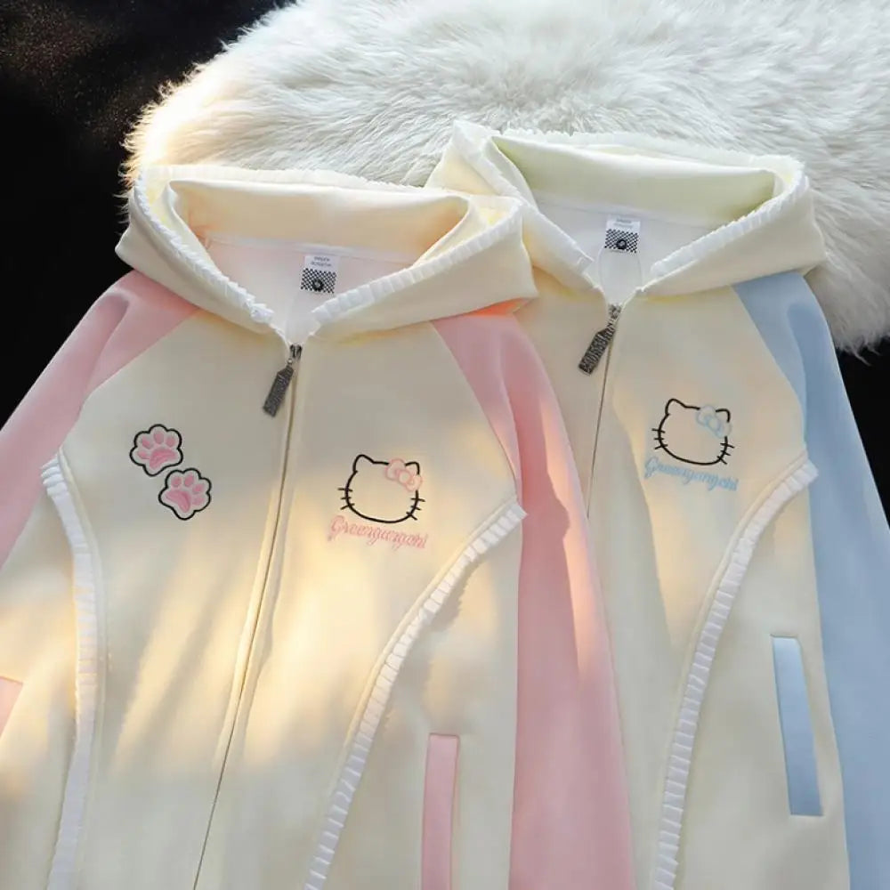 Y2K Hello Kitty Hoodie Coat Sweatshirt Anime Zipper Cardigan Sanrioed Kawaii Spring Winter Coat Girls Student Loose Leisure Tops