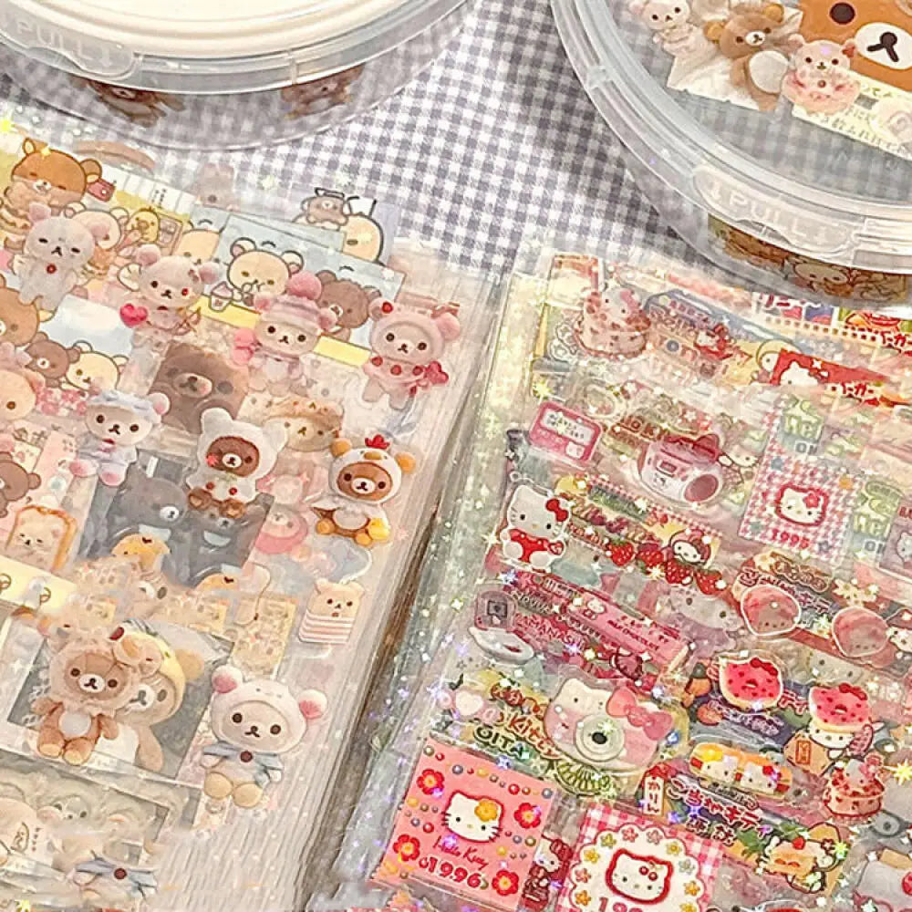 5-Pack Hello Kitty and Rilakkuma Cartoon Die-Cut Stickers - Cute Kitty Cat and Anime Design Flashing Laser Stickers for Handbooks, Notebooks, and Scrapbooking - Fun and Colorful Material Stickers