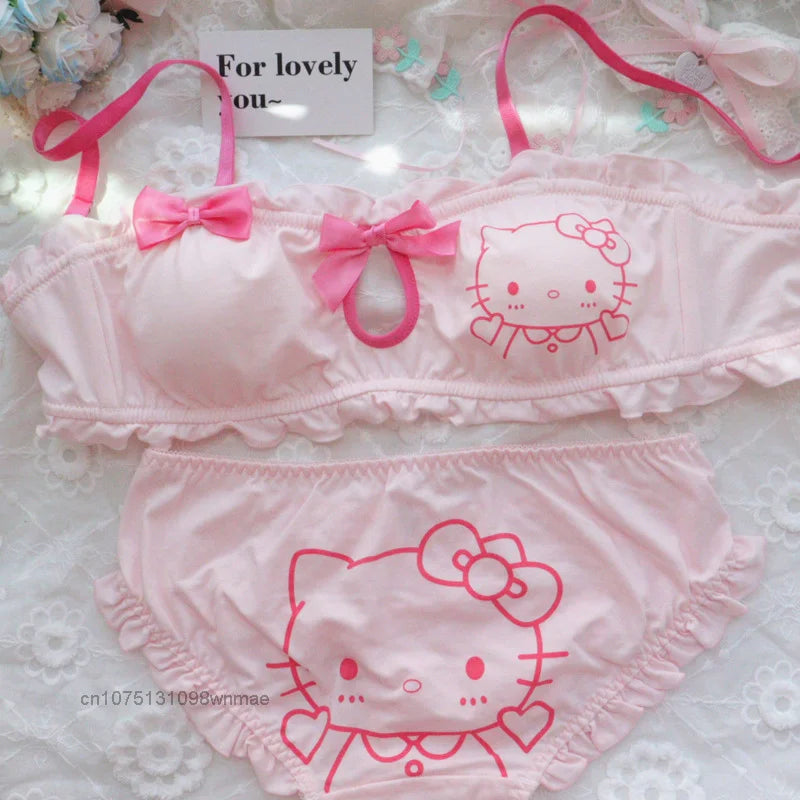 Sanrio Cotton Cute And Sweet Hello Kitty Chest Bras and Panties 2 Pcs Suit Women's Student No Steel Ring Girl Underwear Bra Set