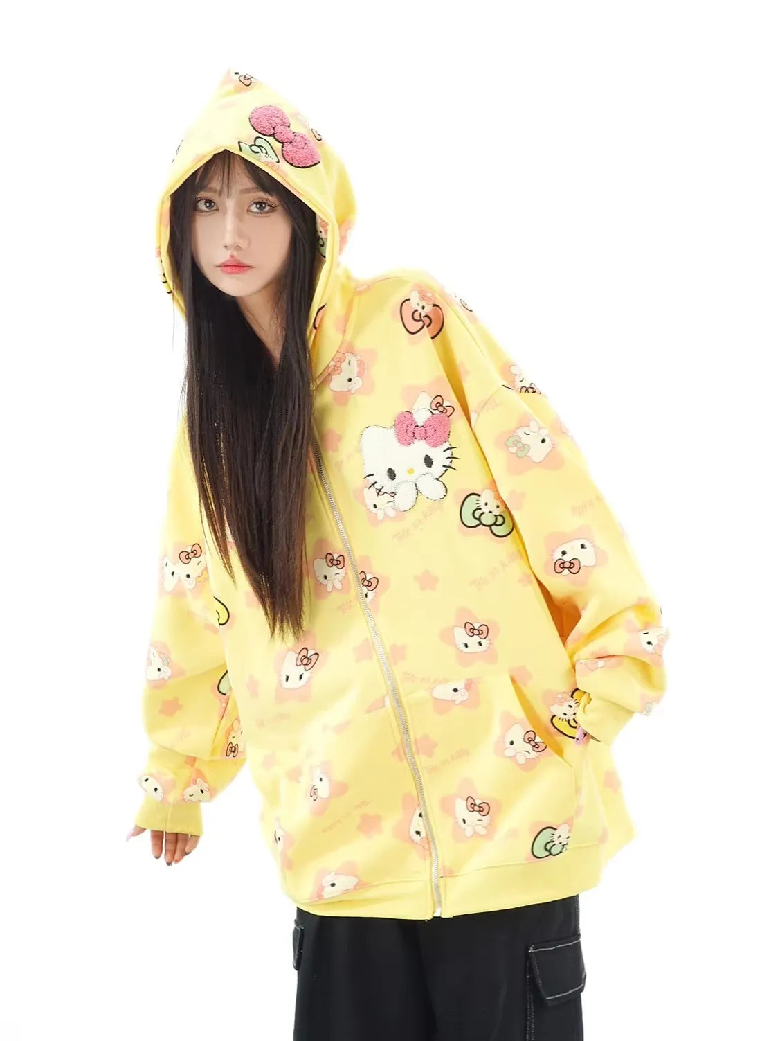 Y2K Hello Kitty Hoodie Sweatshirt Zipper Coat Sanrioed Anime Kawaii Spring Winter Embroidery Coat Girls Student Tops Loose