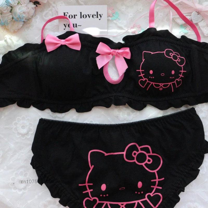 Sanrio Cotton Cute And Sweet Hello Kitty Chest Bras and Panties 2 Pcs Suit Women's Student No Steel Ring Girl Underwear Bra Set