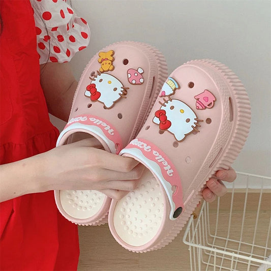 MINISO Kuromi Women's Platform Sandals Slippers Cartoon Hello Kitty Kawaiil Slip-resistant Shoes Cinnamorol Summer Women Shoe