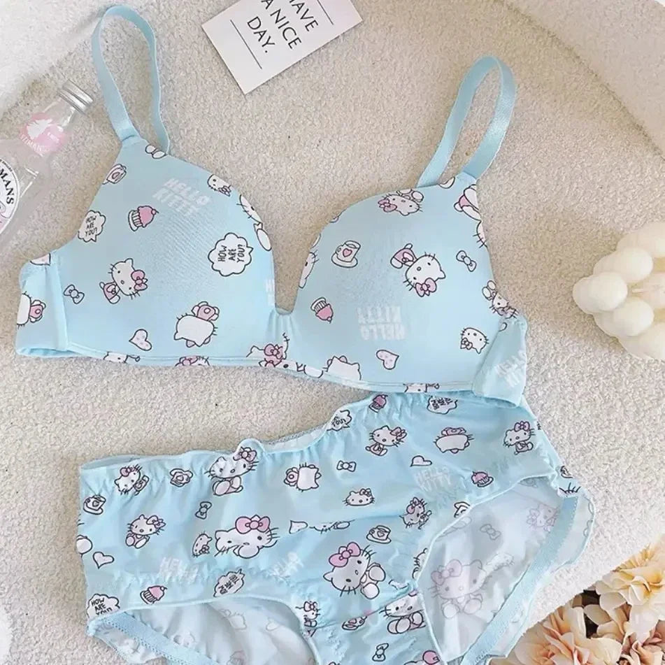 Kawaii Sanrio Hello Kitty Underwear 2 Pcs Set Women's Thin Style No Steel Ring Triangle Cup Cute Cartoon Sweet American Bra Sets