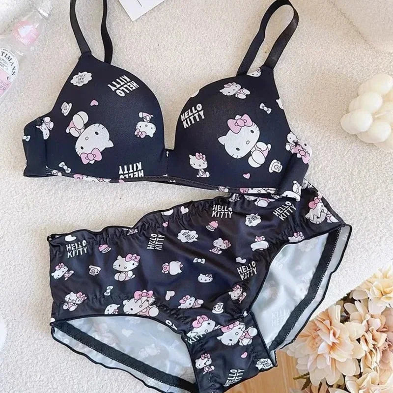 Kawaii Sanrio Hello Kitty Underwear 2 Pcs Set Women's Thin Style No Steel Ring Triangle Cup Cute Cartoon Sweet American Bra Sets