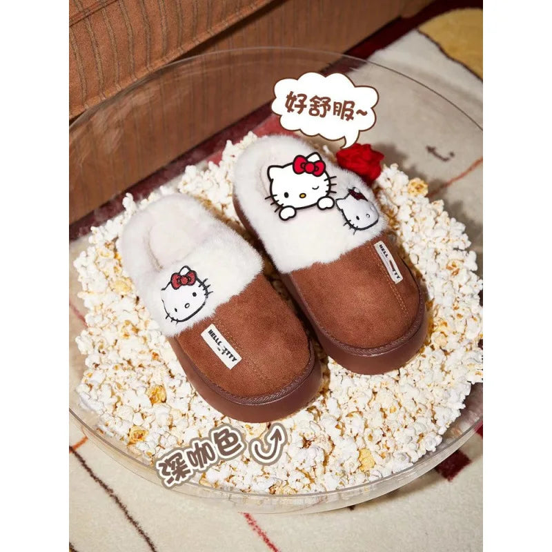 Hello Kitty Anime Cotton Slippers Women Winter Plush Slippers Sanrios Kawaii Cartoon Cute New Fashion Warm Home Slippers Gift