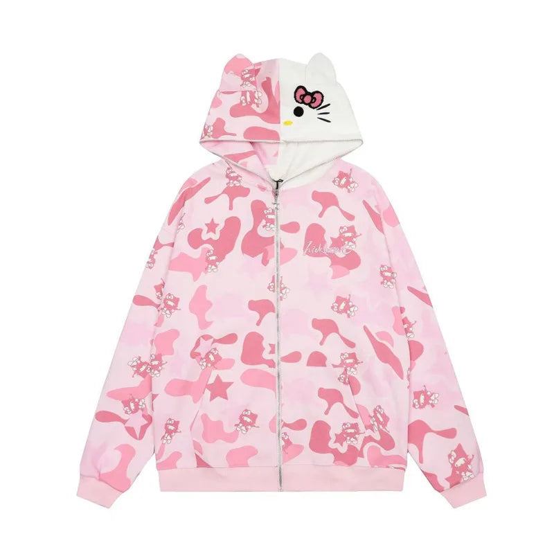 Sanrio Hello Kitty Print Camouflage Hooded Zipper Cardigan Women Trend Japanese Style Casual Coat Vintage Loose Versatile Hoodie