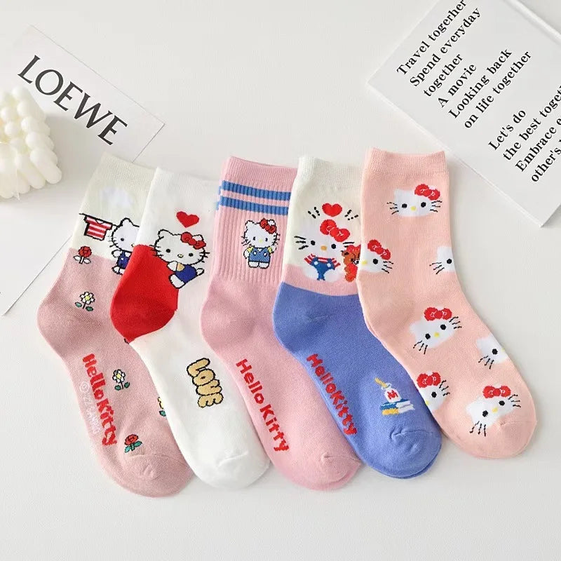 5pairs Kawaii Sanrio Cartoon Crew Socking  Anime Hello Kitty Kuromi Cinnamoroll Long Tube Harajuku Keep Warm Socks Girl Gift