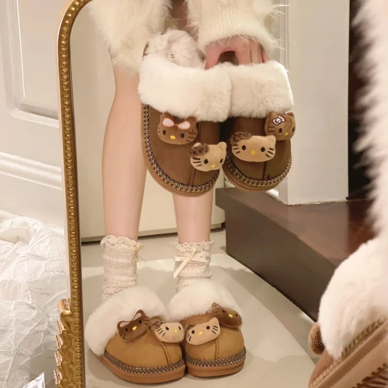 Cute Cartoon Hello Kitty Cotton Slippers Women's New Comfortable Non Slip Warm Plush Slippers Korean Version Fashion Home Shoes