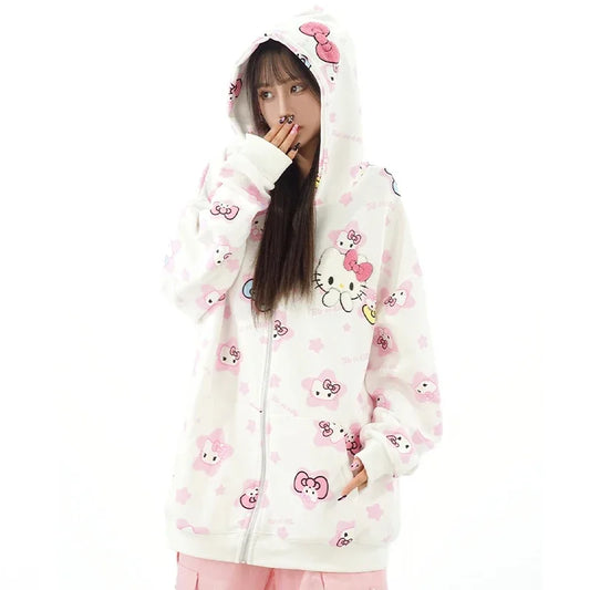 Y2K Hello Kitty Hoodie Sweatshirt Zipper Coat Sanrioed Anime Kawaii Spring Winter Embroidery Coat Girls Student Tops Loose