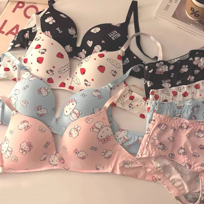 Kawaii Sanrio Hello Kitty Underwear 2 Pcs Set Women's Thin Style No Steel Ring Triangle Cup Cute Cartoon Sweet American Bra Sets