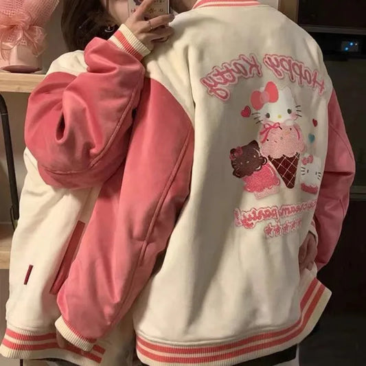 Sanrio Hello Kitty Pink Cute Jacket Women Autumn Winter Embroidered Thick Jacket Korean Edition Loose Couple's Baseball Uniform