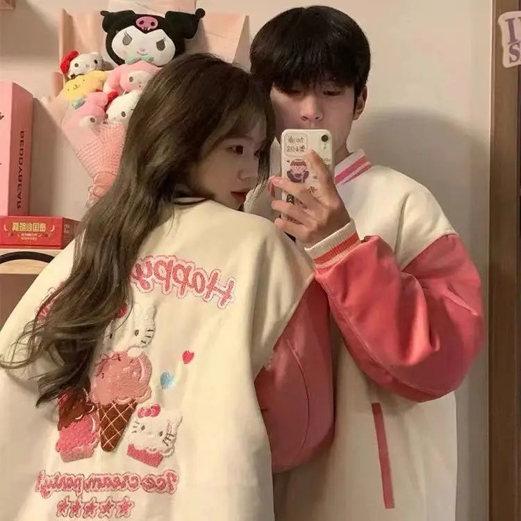 Sanrio Hello Kitty Pink Cute Jacket Women Autumn Winter Embroidered Thick Jacket Korean Edition Loose Couple's Baseball Uniform