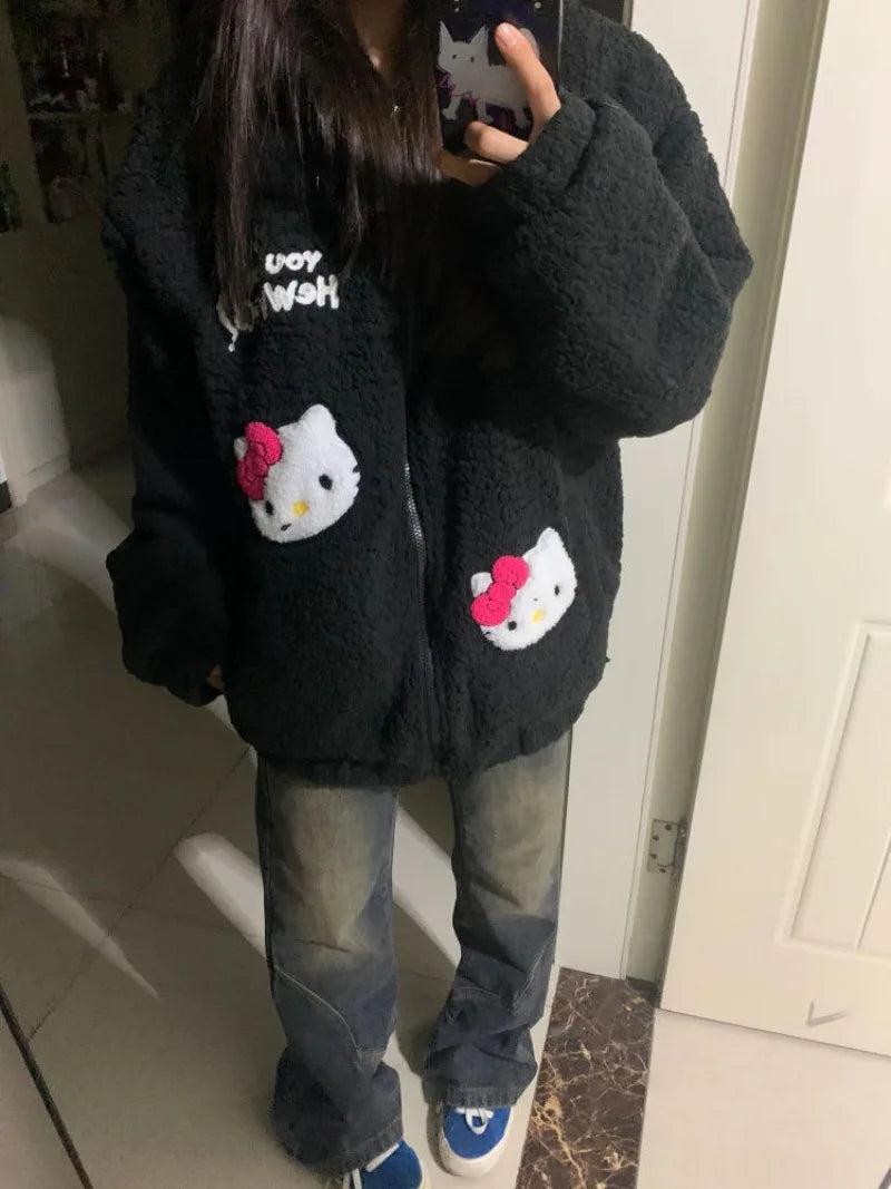 Miniso Black Hello Kitty Embroidered Autumn/Winter Lamb Fleece Coat Women Zipper Hooded Cardigan with Thick Fleece Jacket Women