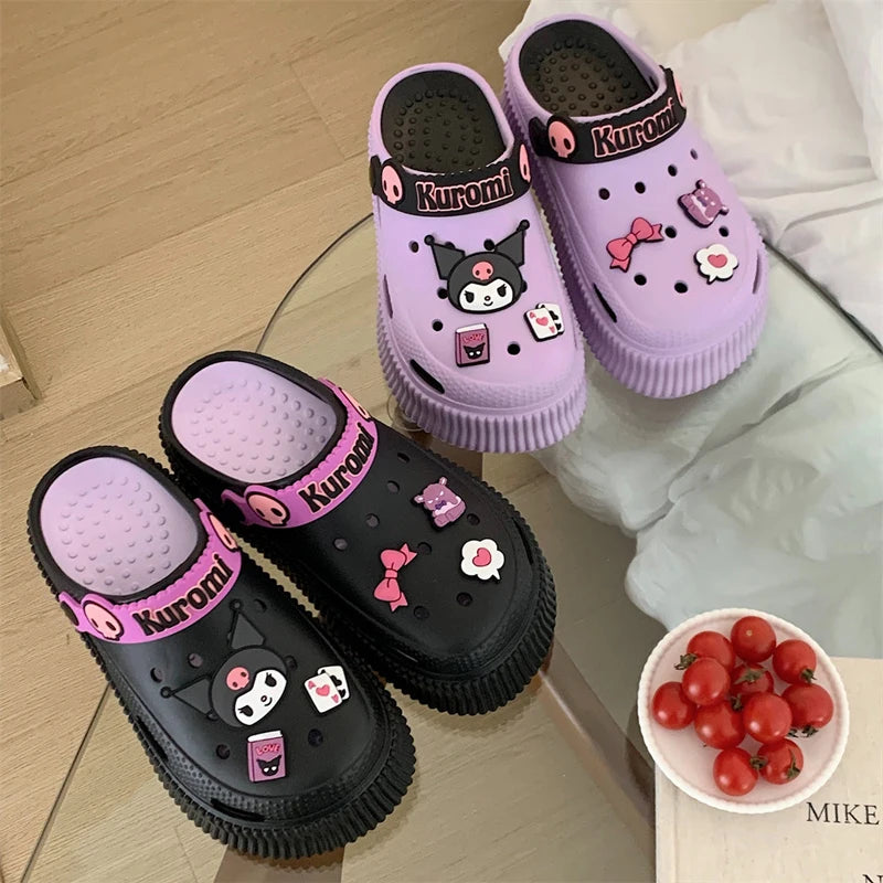 MINISO Kuromi Women's Platform Sandals Slippers Cartoon Hello Kitty Kawaiil Slip-resistant Shoes Cinnamorol Summer Women Shoe