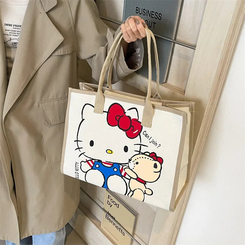 Hello Kitty Sanrio Y2k Tote Canvas Bag, Cute Canvas Shoulder Bag Cartoon Anime Handbag for School Work Travel Shopping Schoolbag