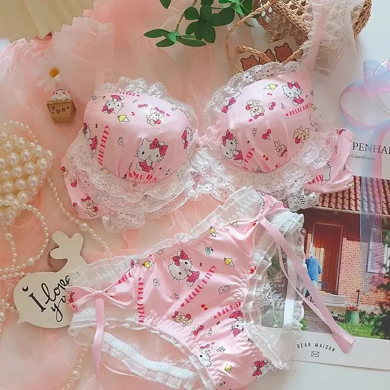 Sanrio Hello Kitty Kawaii Girls Underwear Cartoon Anime Print Lace Edge Accessories Pure Desire Push-up Bra Cute Clothes Set