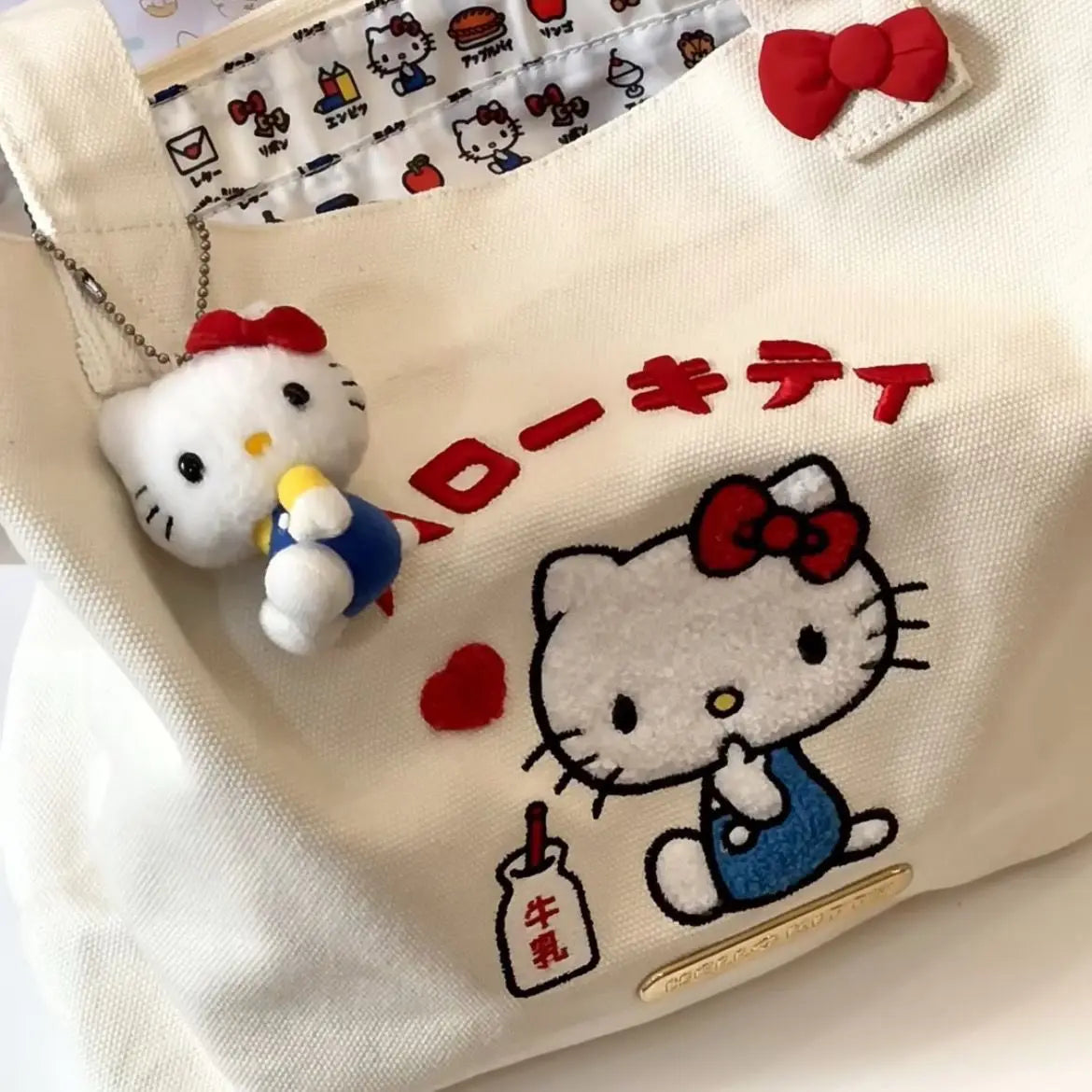 Cartoon Women Hello Kitty Embroidered Canvas Bag Large Capacity Tote Bag Shopping Bag Portable Shoulder Handbag Gift for Girls