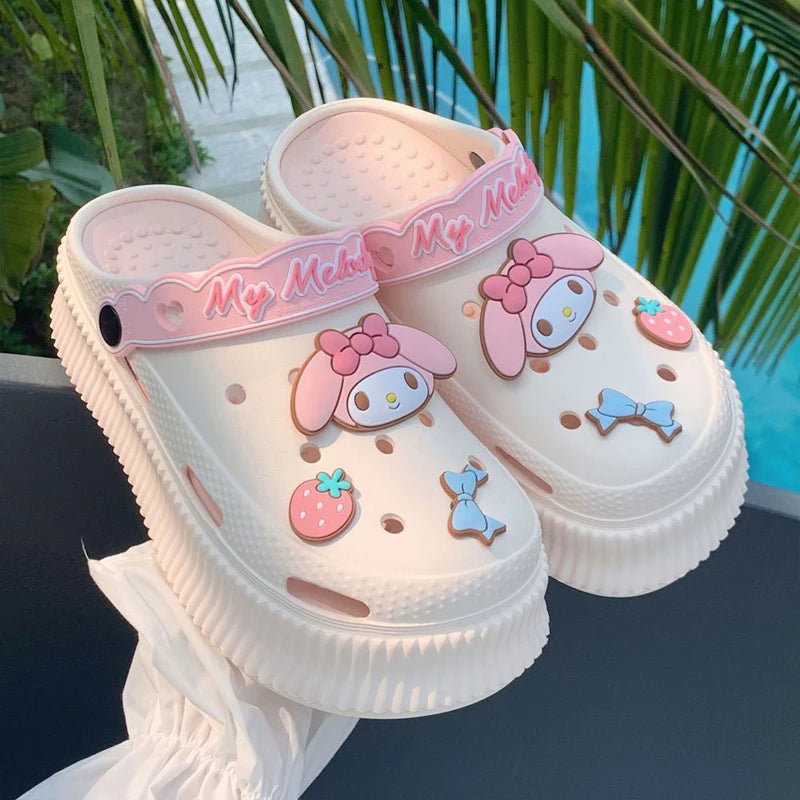 MINISO Kuromi Women's Platform Sandals Slippers Cartoon Hello Kitty Kawaiil Slip-resistant Shoes Cinnamorol Summer Women Shoe