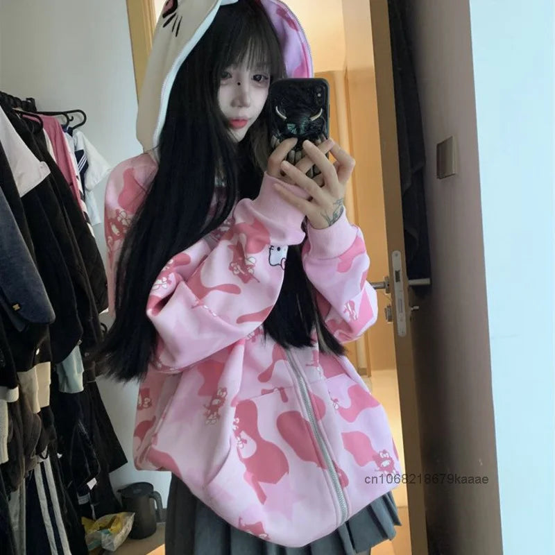 Sanrio Hello Kitty Print Camouflage Hooded Zipper Cardigan Women Trend Japanese Style Casual Coat Vintage Loose Versatile Hoodie